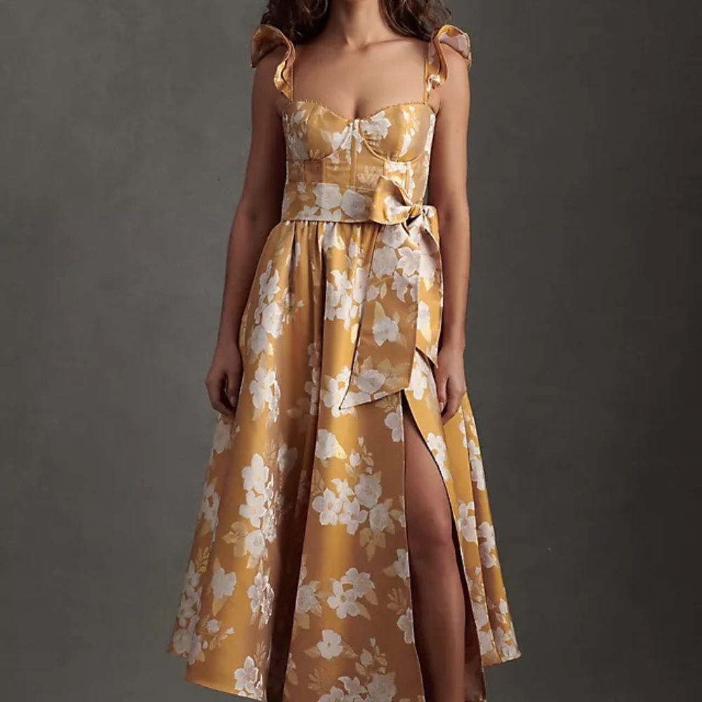 V. Chapman Vera Ruffle-Strap Corset Side-Slit Midi Dress